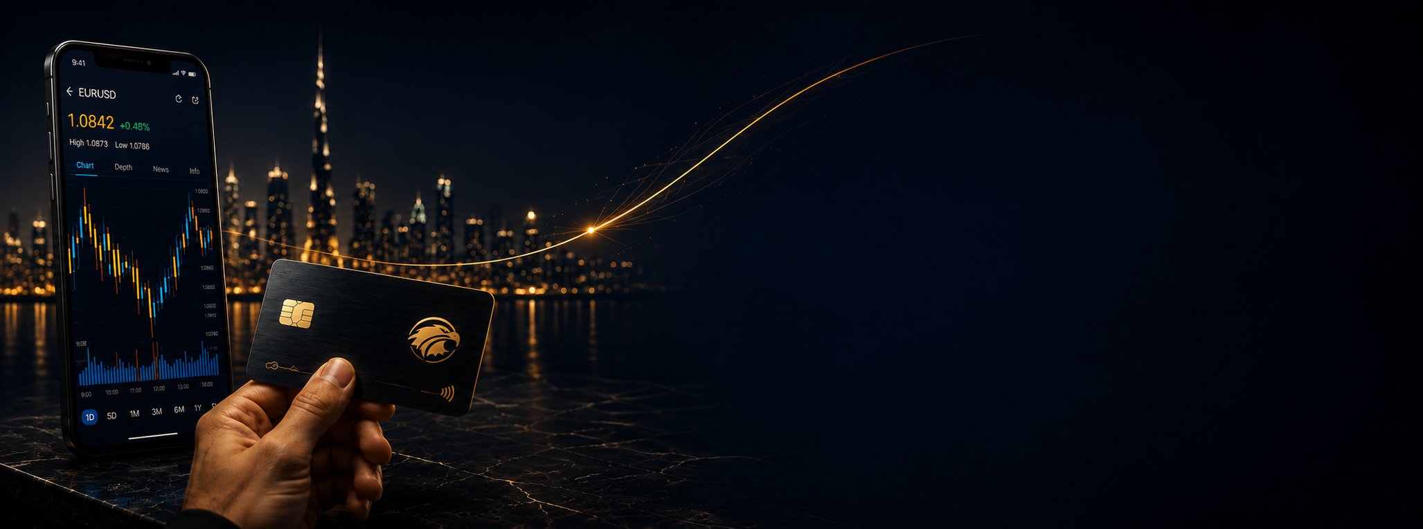 A hand holding a Helvoa card next to a phone showing a live chart, with the Dubai skyline at night
